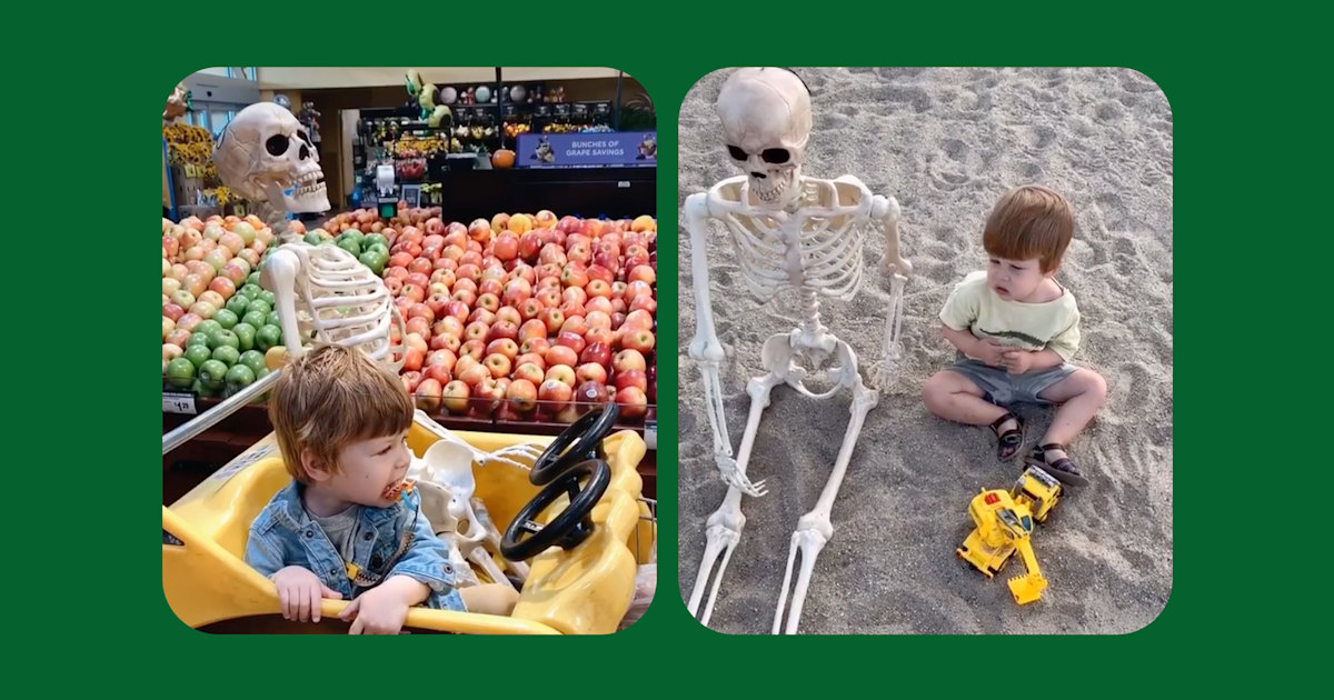 Este niño de 2 años lleva con orgullo a su mejor amigo, un esqueleto, a todas partes