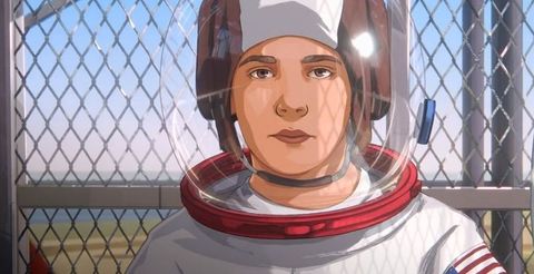 an animated astronaut in a space suit stands in front of a chain link fence in a scene from apollo 10 12 a space age childhood the movie is a good housekeeping pick for best kids movies on netflix