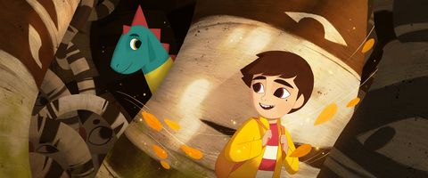 A boy looks at a dragon in a scene from My Father's Dragon, a Good Housekeeping pick for best kids' movies 2022 a boy looks at a dragon in a scene from my father's dragon, a good housekeeping pick for best kids' movies 2022