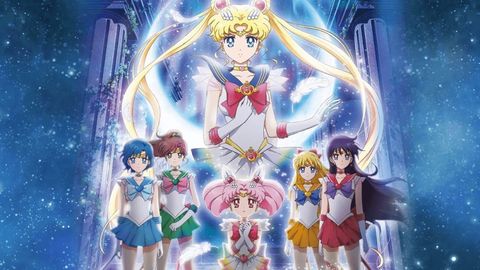 sailor moon looms large over the other planetary guardians in a celestial image for sailor moon eternal the movie is a good housekeeping pick for best kids movies on netflix