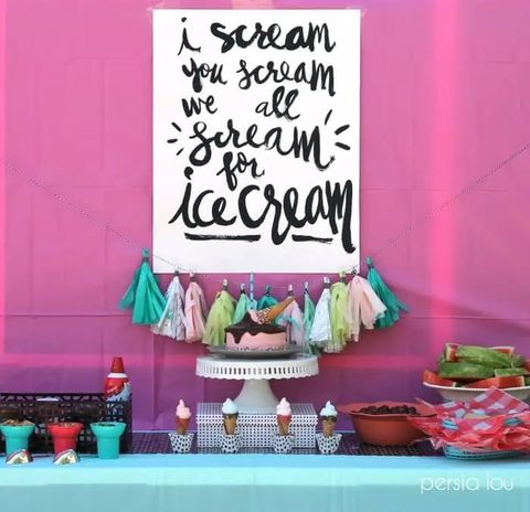 An ice cream themed first birthday party with cones, an ice cream cone cake and a sign that says "I scream you scream we all scream for ice cream" an ice cream themed first birthday party with cones, an ice cream cone cake and a sign that says "i scream you scream we all scream for ice cream"