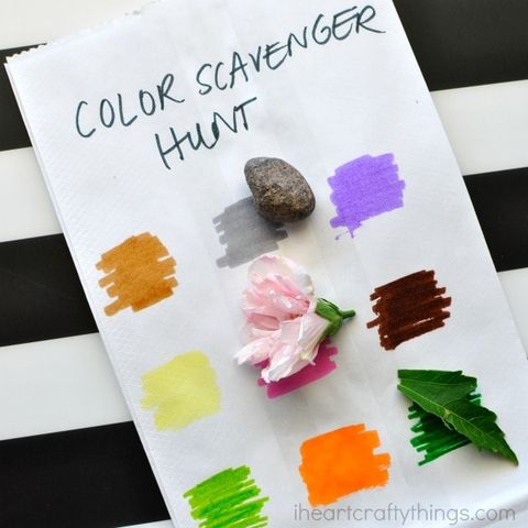 a paper bag with colored squares provides the basis for a colorscavenger hunt some matching items have already been found the project is a good housekeeping pick for best activities for kids
